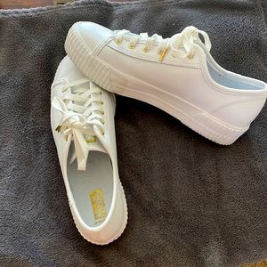 Keds Softerra, white leather with gold accents.